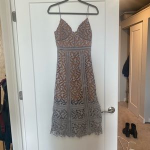 FEW MODA slate blue and nude crochet lace dress